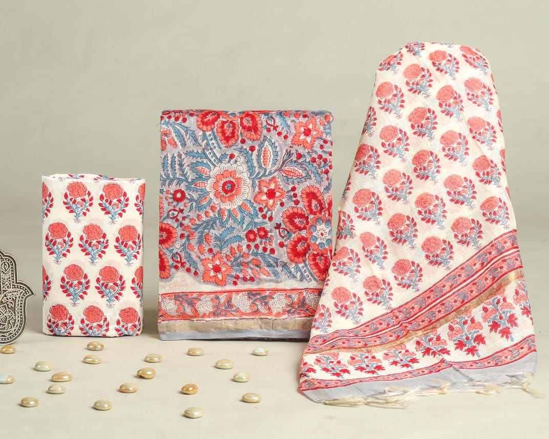 Pure Hand Block Chanderi Silk Unstitched Suit.
