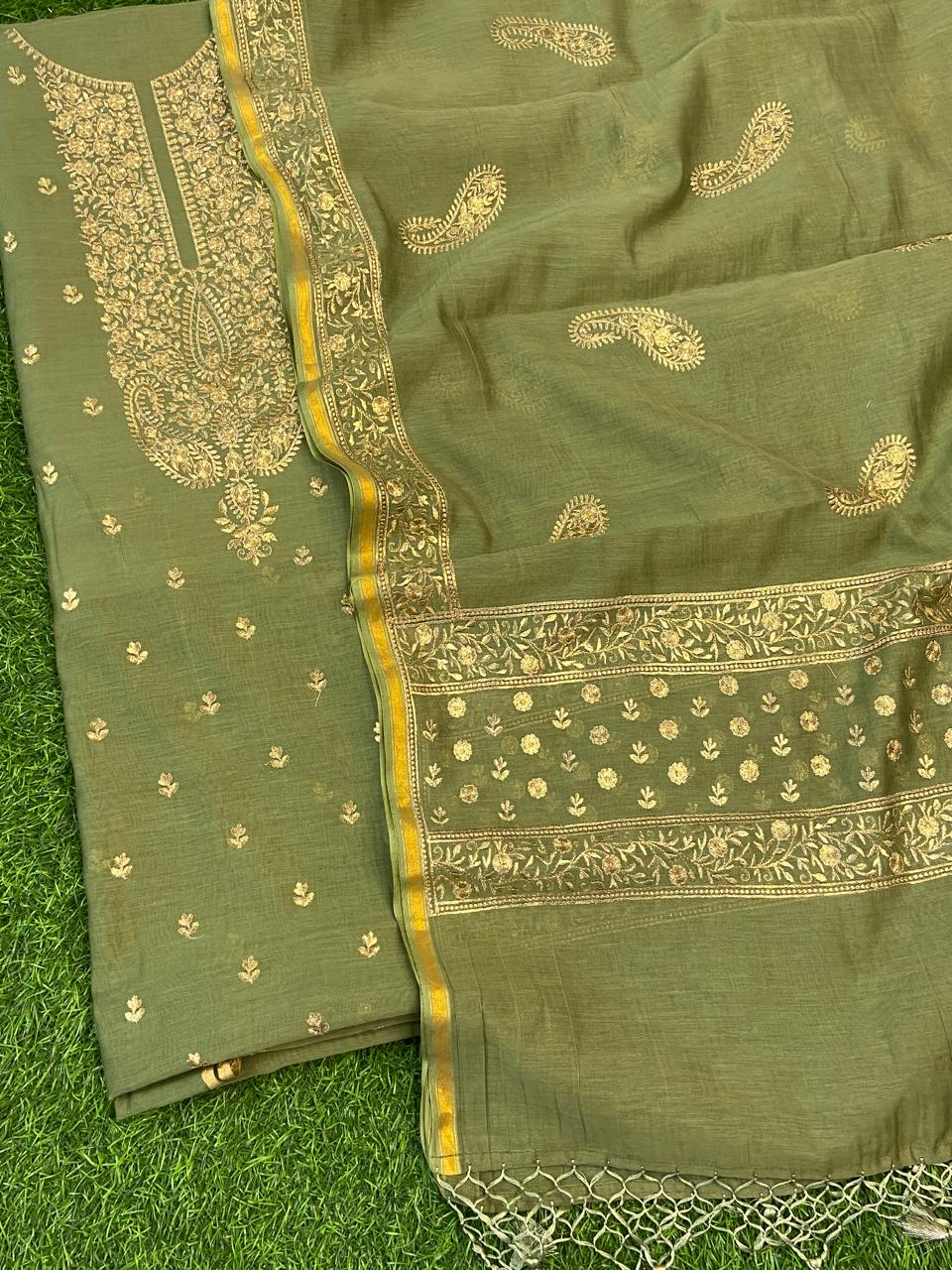 Pure Banarasi Resham Mal Chanderi Silk Zari Unstitched Suit with Beautiful Neck Embroidery.