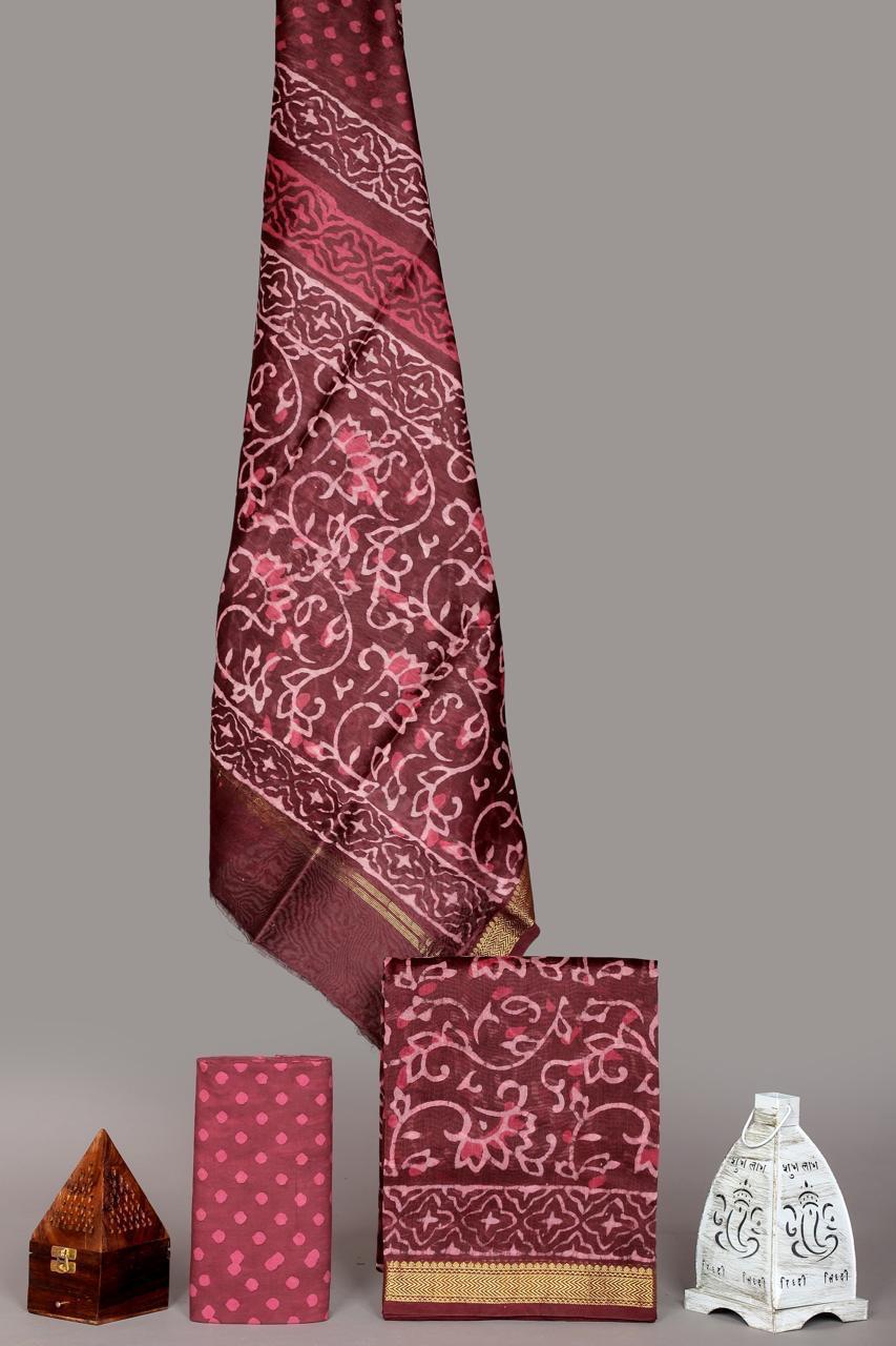 Pure Maheshwari Silk Hand block print Unstitched Suit.