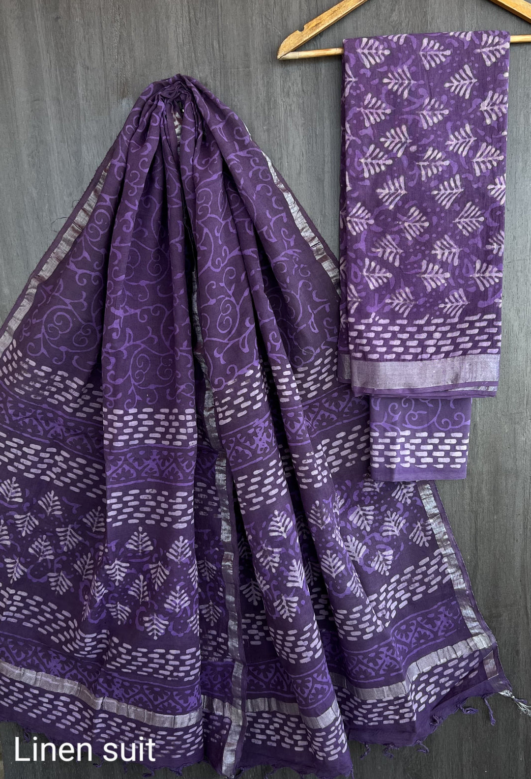Hand Block Printed Linen Unstitched Suit .