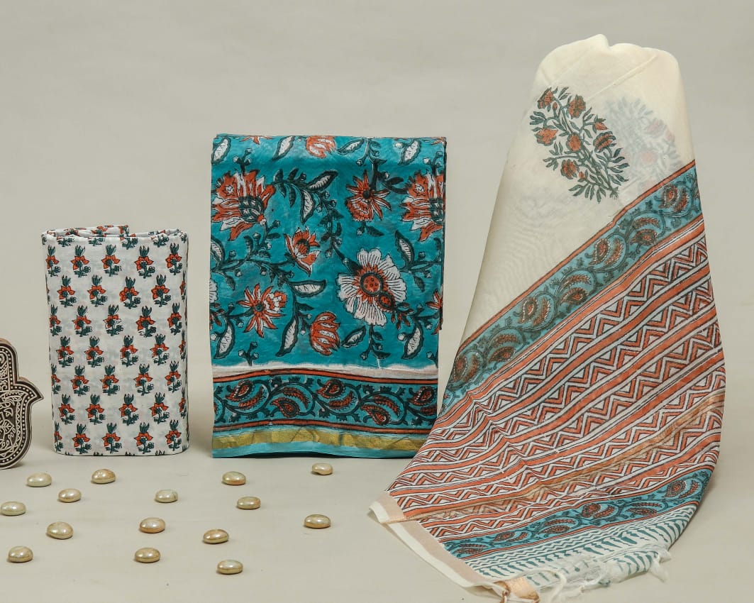 Pure Hand Block Chanderi Silk Unstitched Suit.