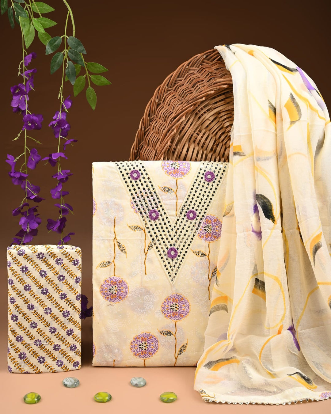 Pure Cotton Gotta patti Work unstitched Suit With Chiffon Dupatta.