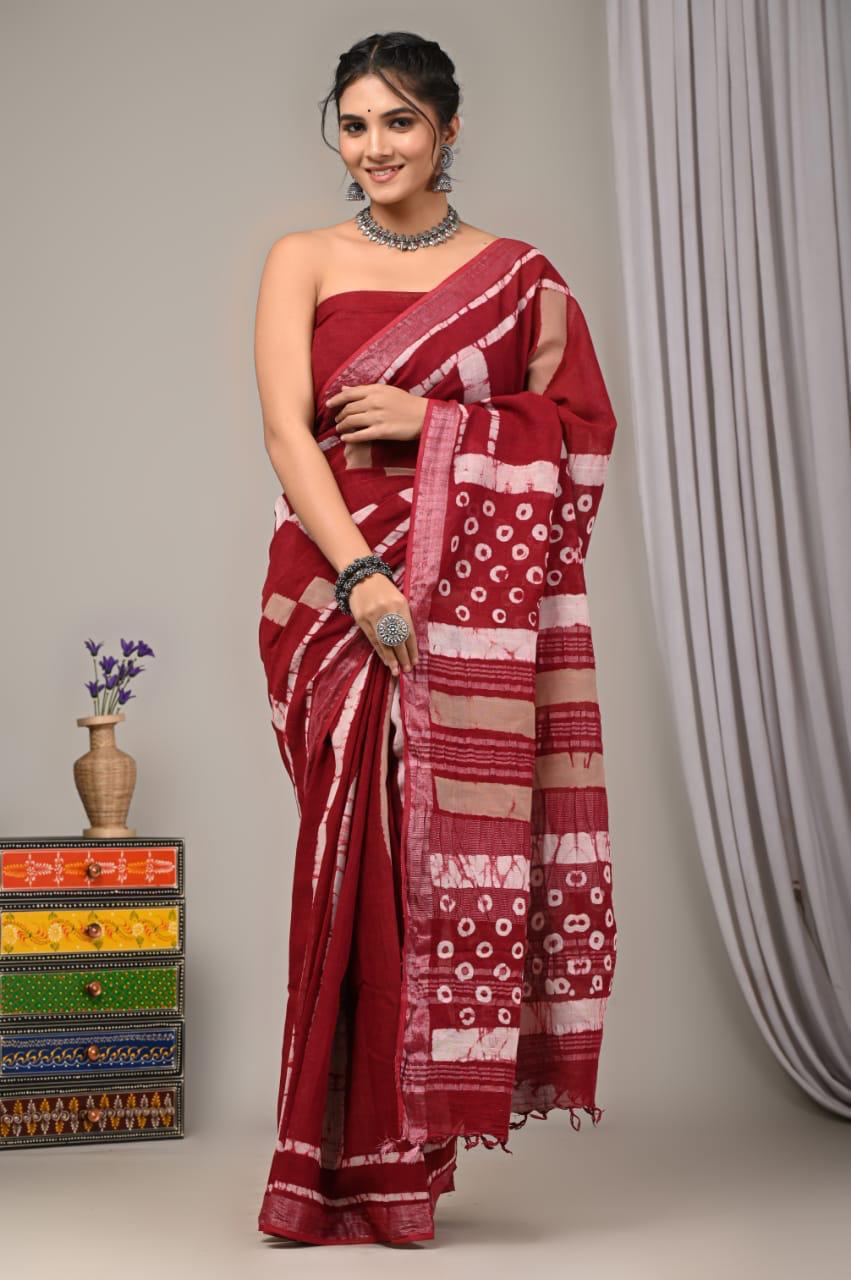 Hand Block Print Linen Saree with Blouse .