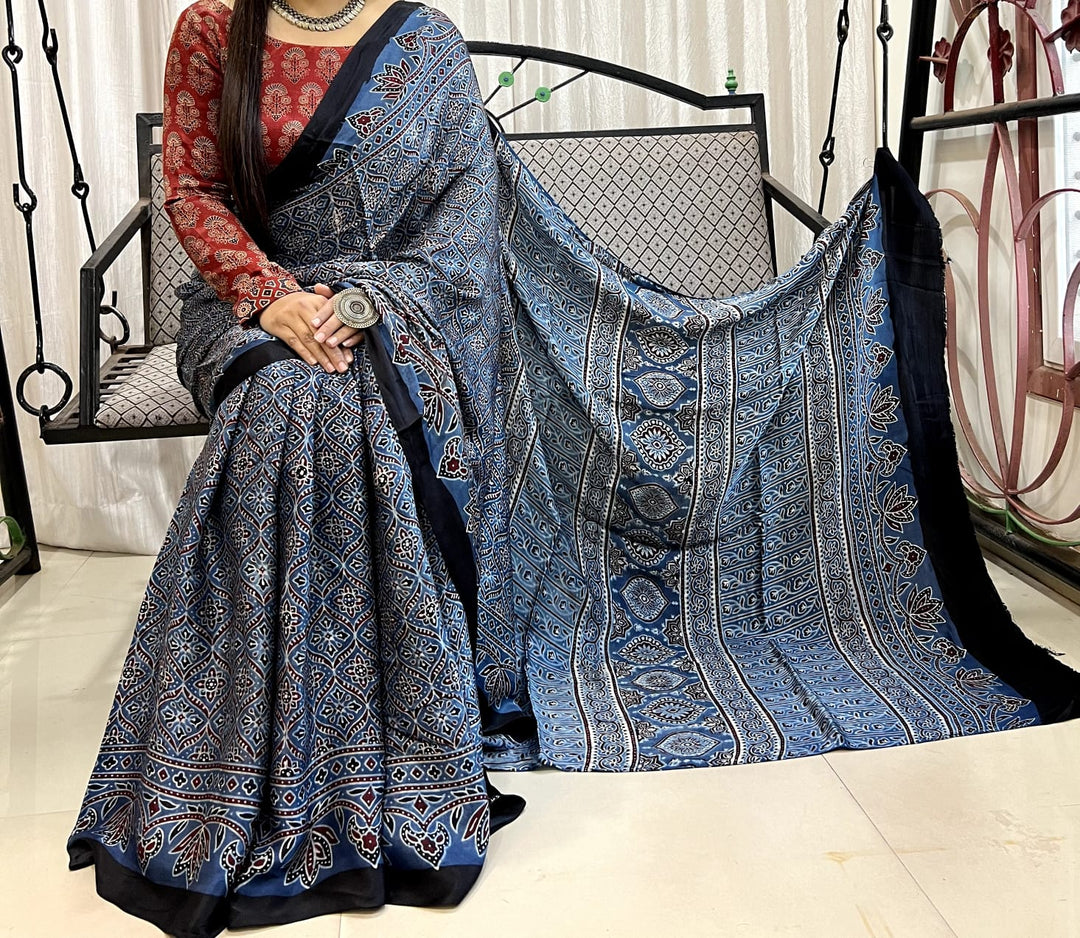 Pure Natural Dyeing Hand Block Ajrakh Print Modal silk saree.