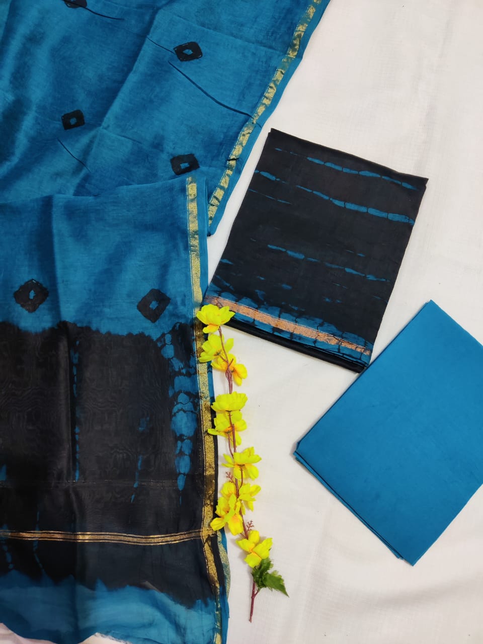 Pure Hand Block Chanderi Silk Unstitched Suit.