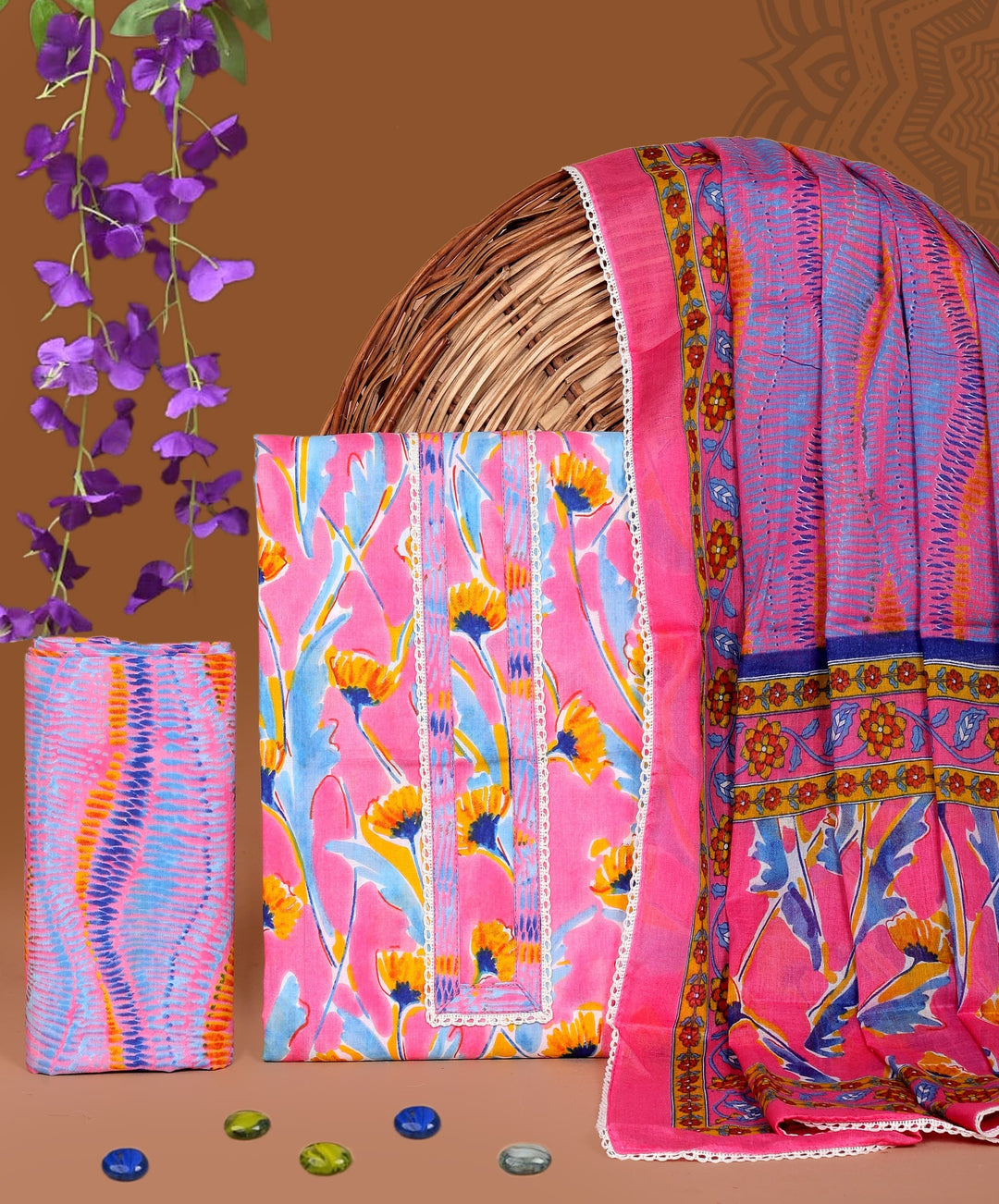 Pure Cotton Gotta patti Work unstitched Suit With Cotton Dupatta.