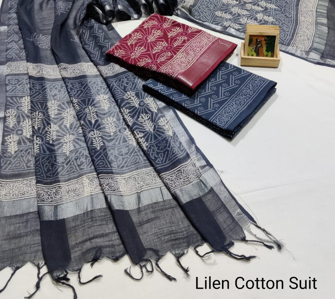 Hand Block Printed Linen Unstitched Suit .