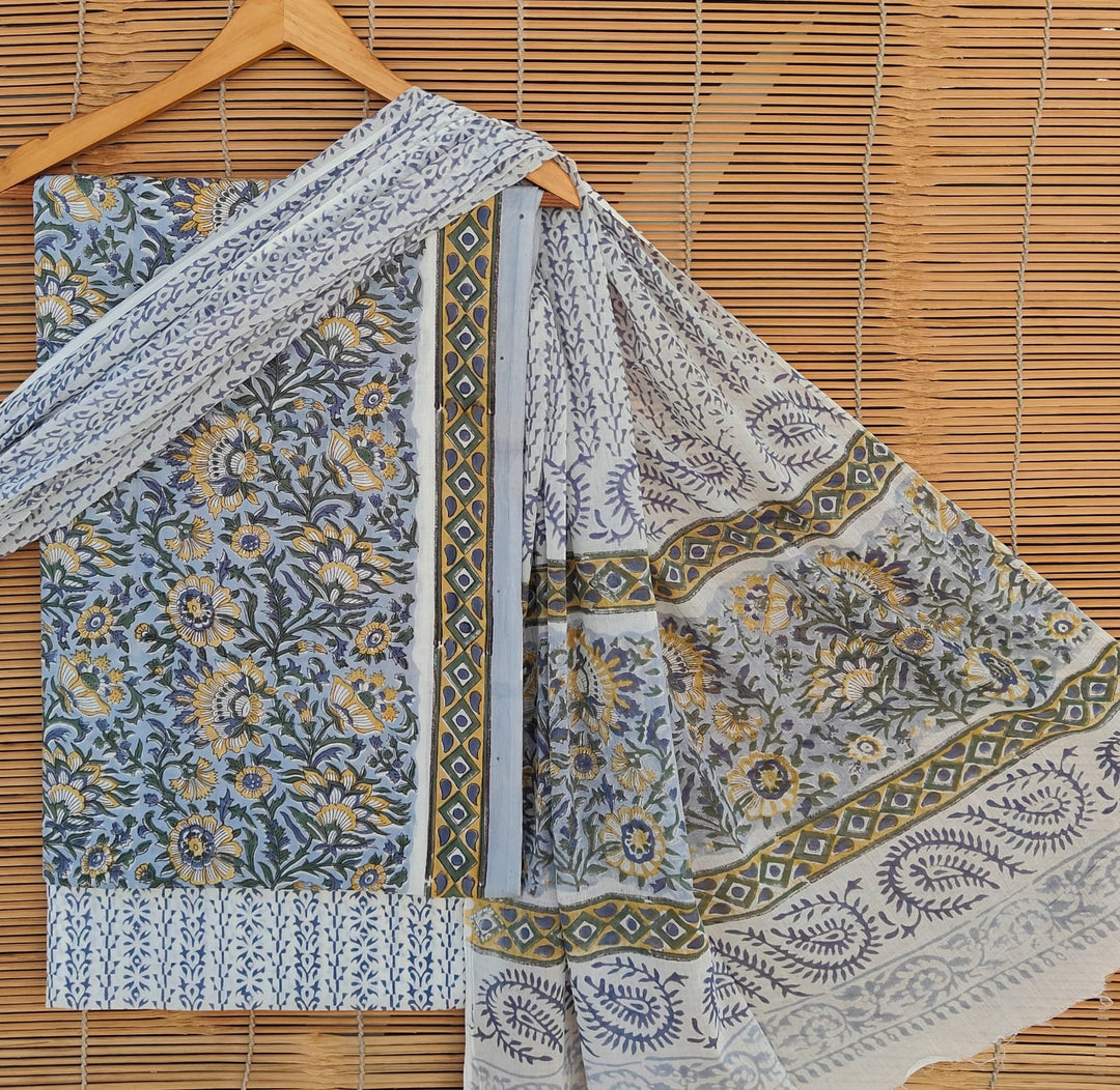 Pure Cotton Hand Block Print Unstitched Suit .