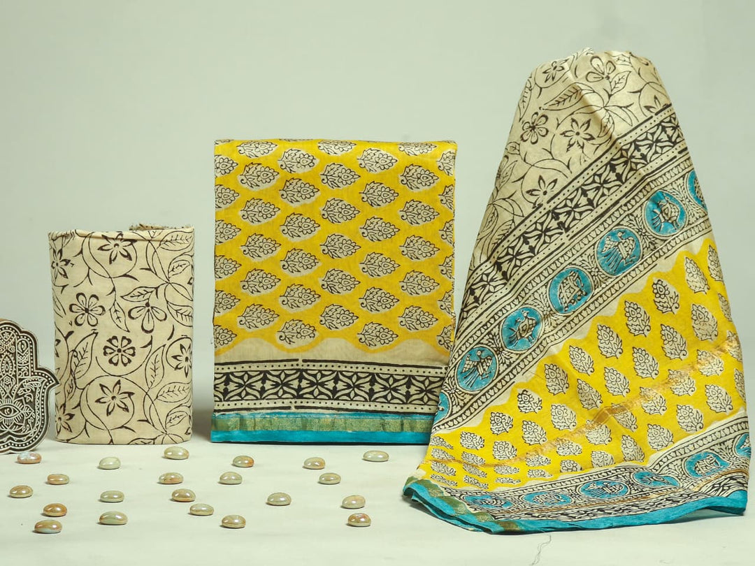 Pure Hand Block Chanderi Silk Unstitched Suit.