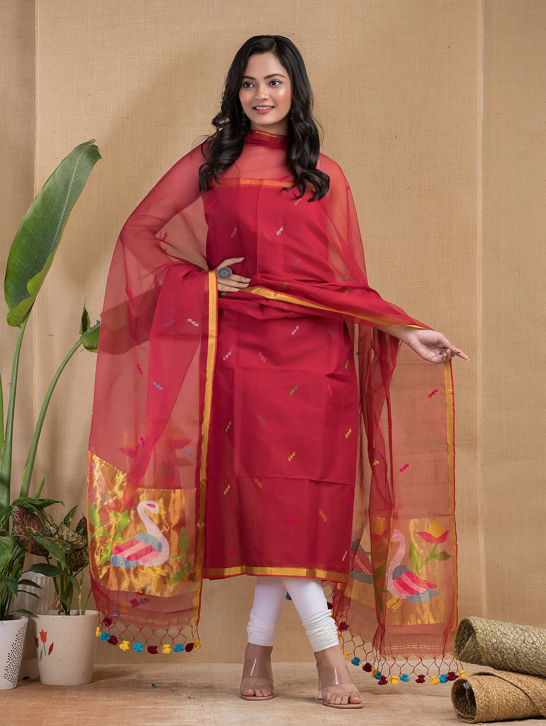 Pure Maslin silk 2PC Jamdani Handwork Unstitched Suit .