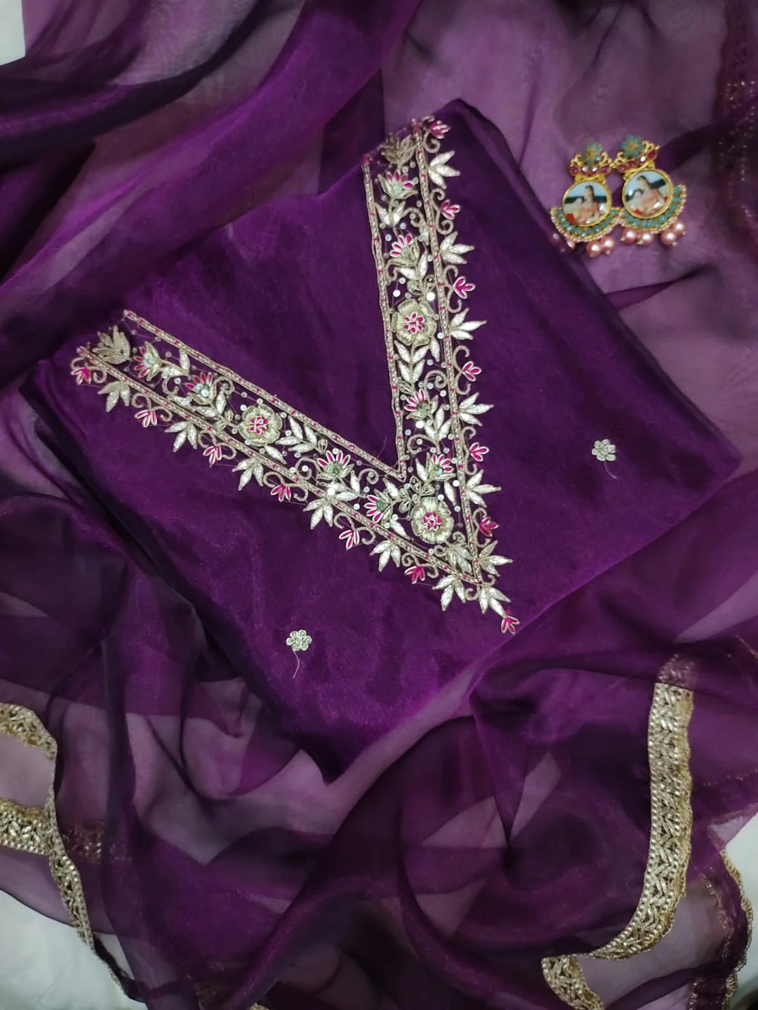 Organza Hand Work Unstitched Suit with Shantoon Bottom