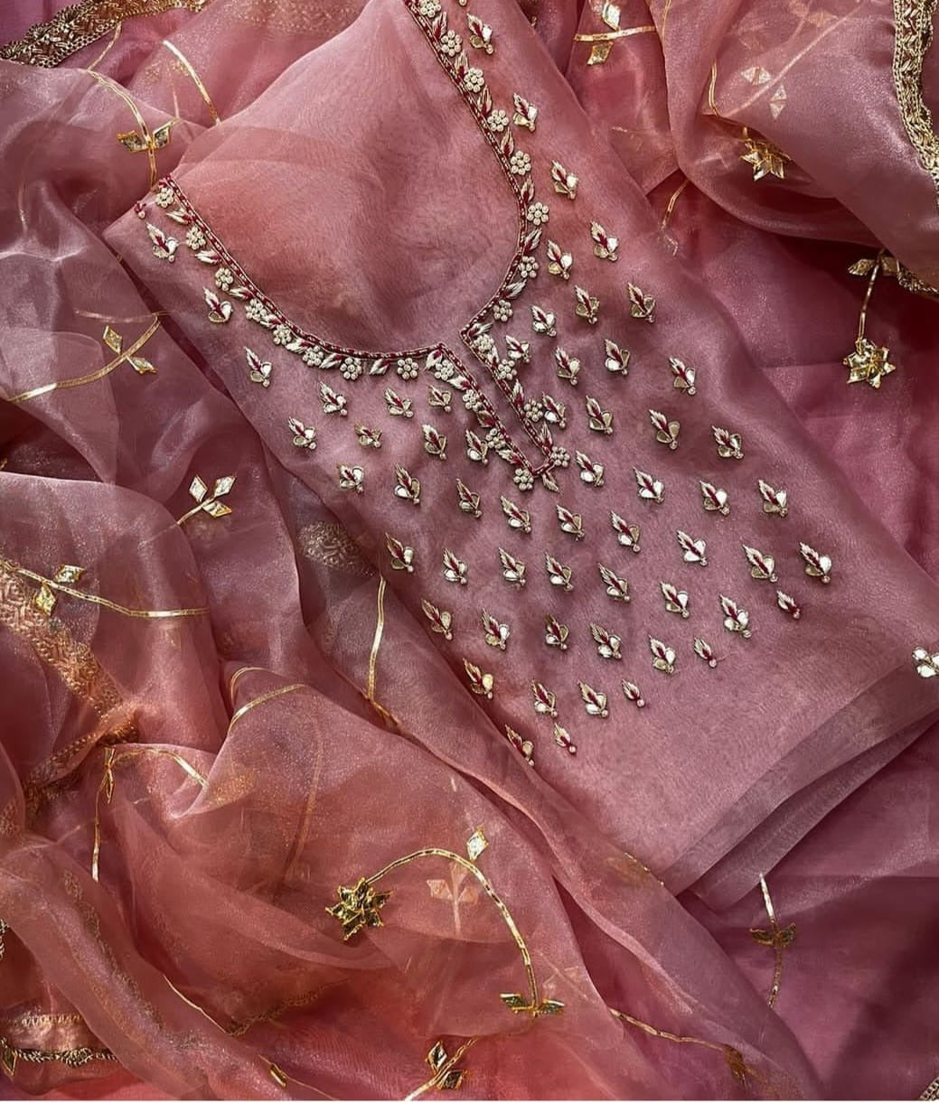 Organza Hand Work Unstitched Suit with Shantoon Bottom