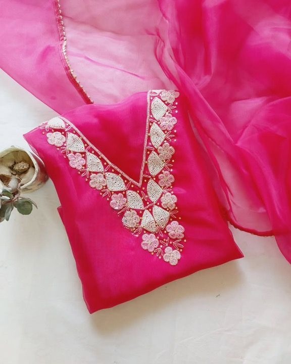 Organza Hand Work Unstitched Suit with Shantoon Bottom