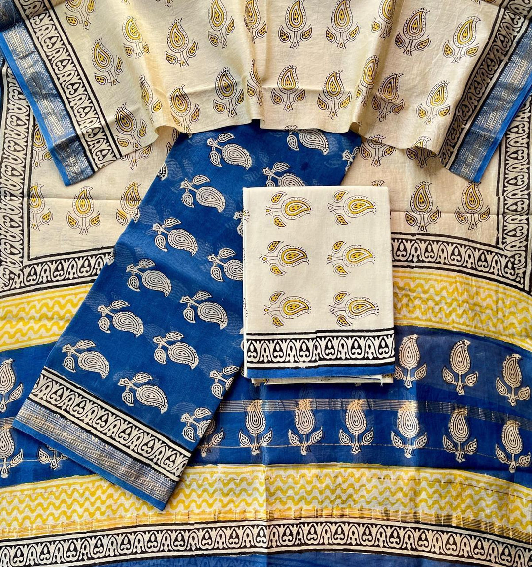 Pure Maheshwari Silk Hand block print Unstitched Suit.