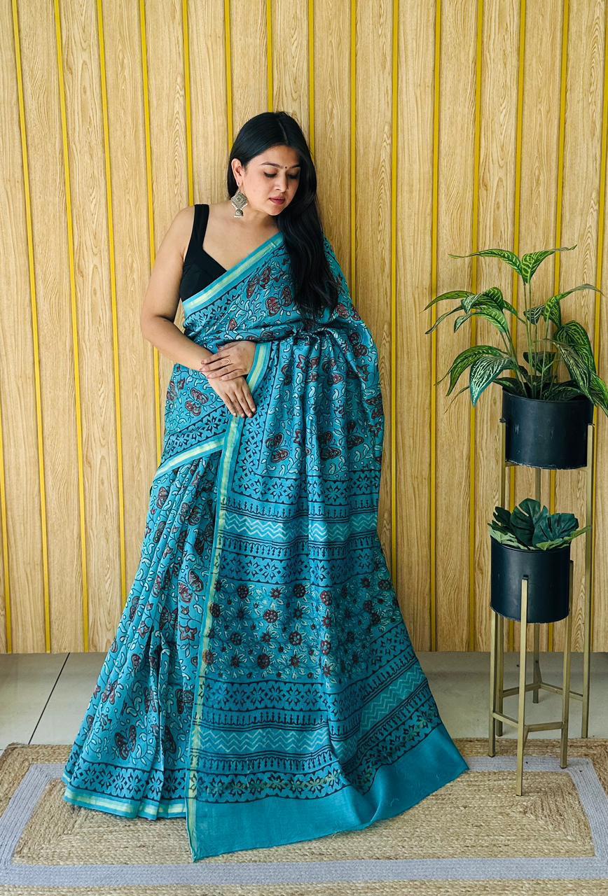 Hand Block Prninted Chanderi Saree .