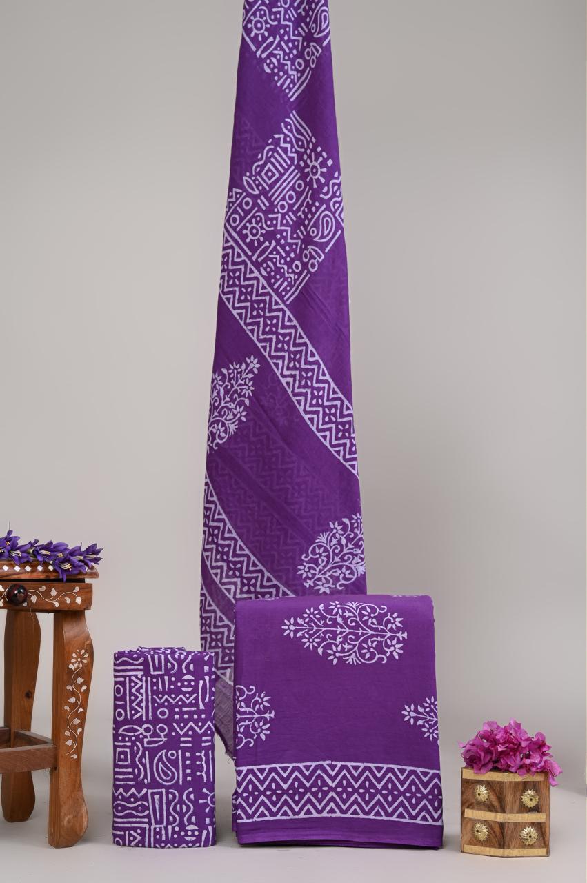 Pure Cotton Hand Block Printed Unstitched Suit Set With Cotton dupatta