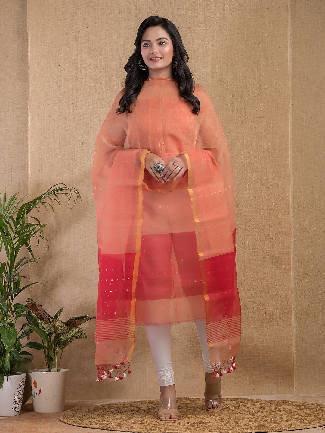 Pure Maslin silk 2PC Jamdani Sequence Handwork Unstitched Suit With Jaal net dupatta.