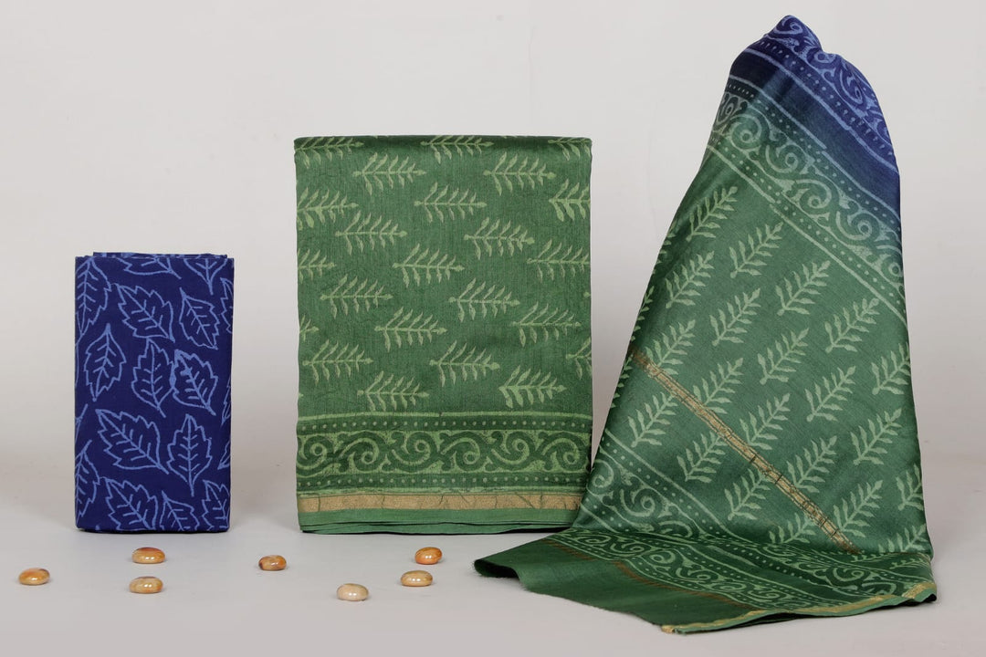 Pure Hand Block Chanderi Silk Unstitched Suit.