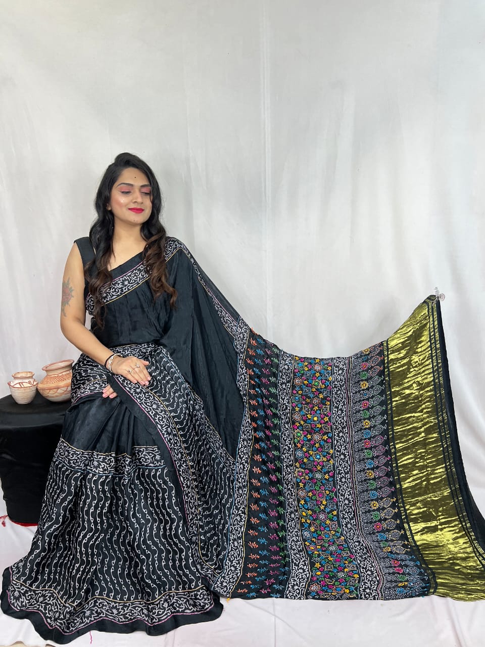 Pure Natural Dyeing Hand Block Ajrakh Print Modal silk saree.