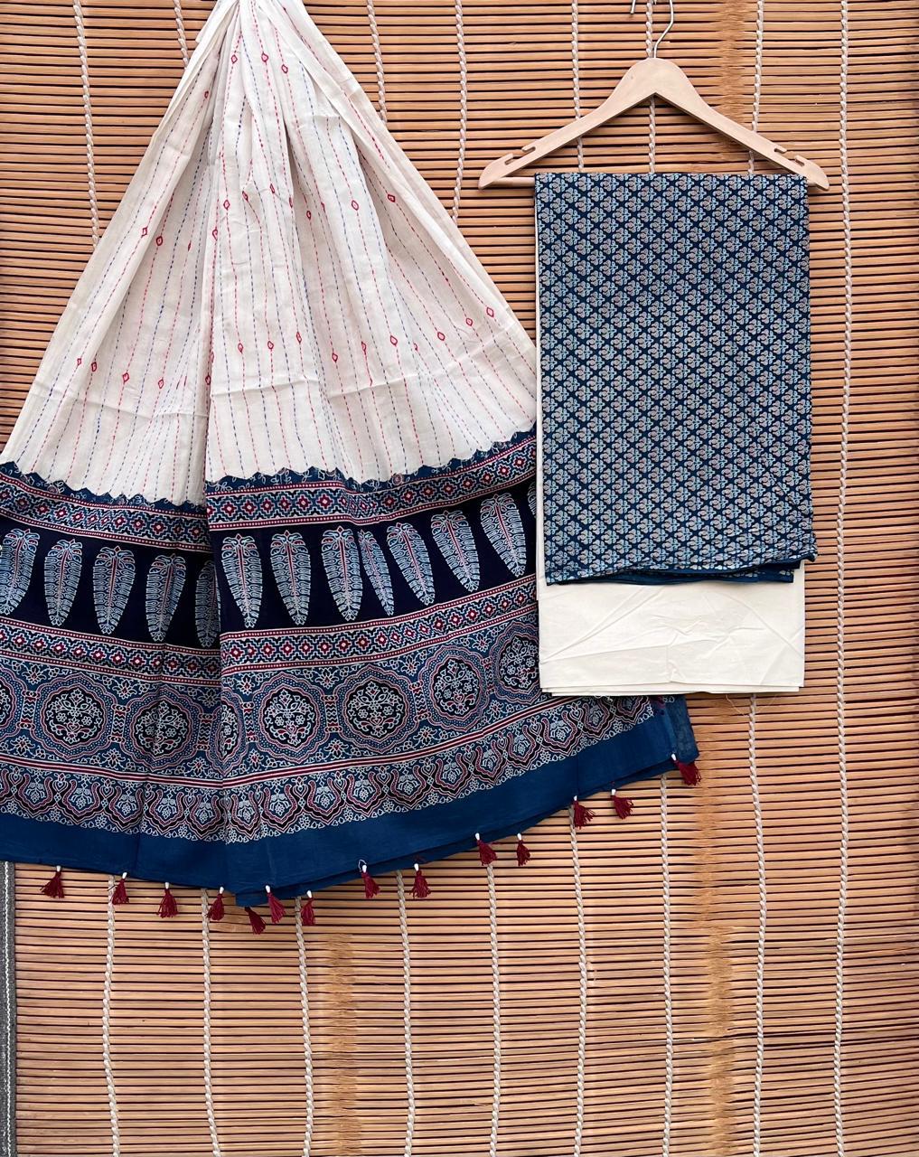 Pure Cotton Azrakh Print Unstitched suit Whit Kantha Work Dupatta.