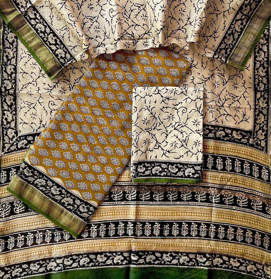 Pure Maheshwari Silk Hand block print Unstitched Suit.