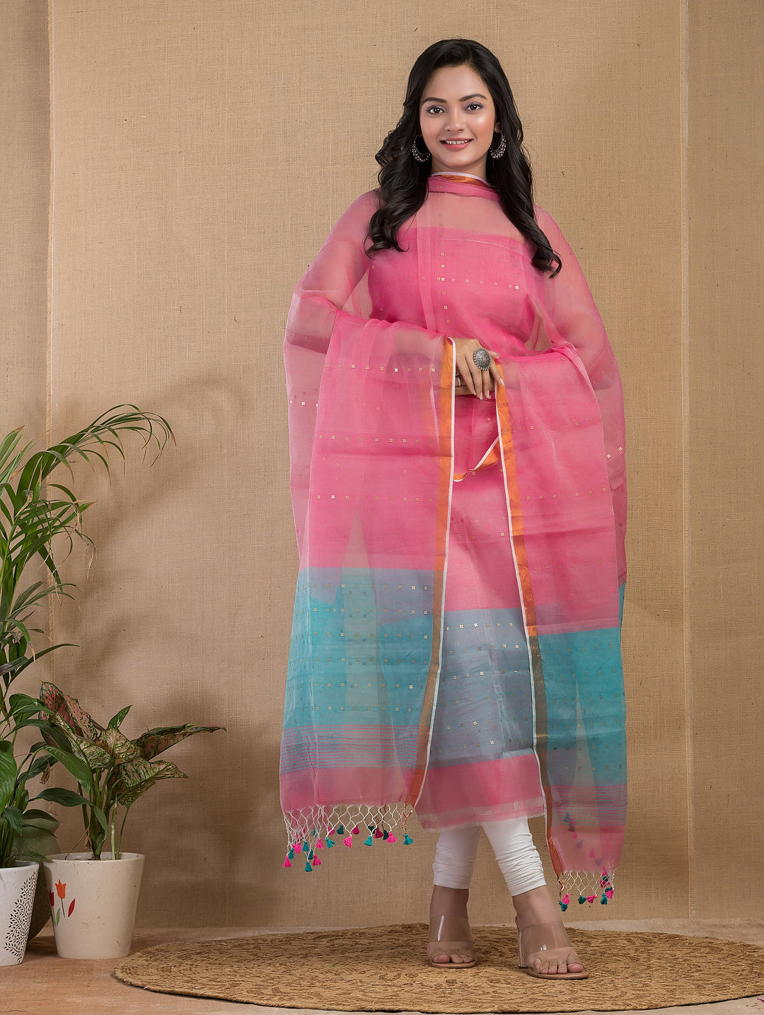 Pure Maslin silk 2PC Jamdani Sequence Handwork Unstitched Suit With Jaal net dupatta.