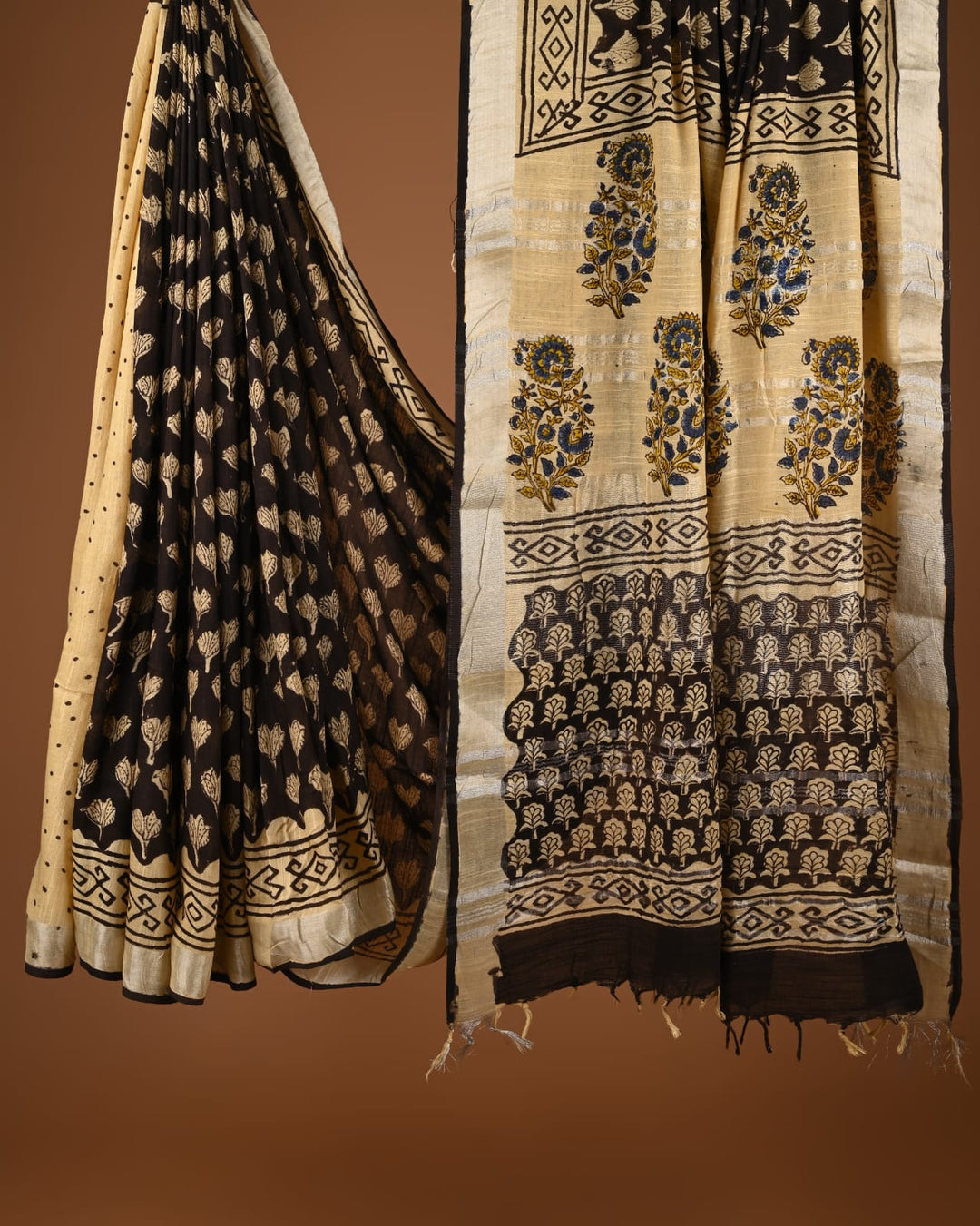 Hand Block Print Linen Saree with Blouse .