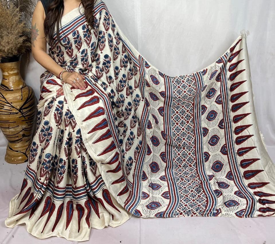 Pure Natural Dyeing Hand Block Ajrakh Print Modal silk saree.