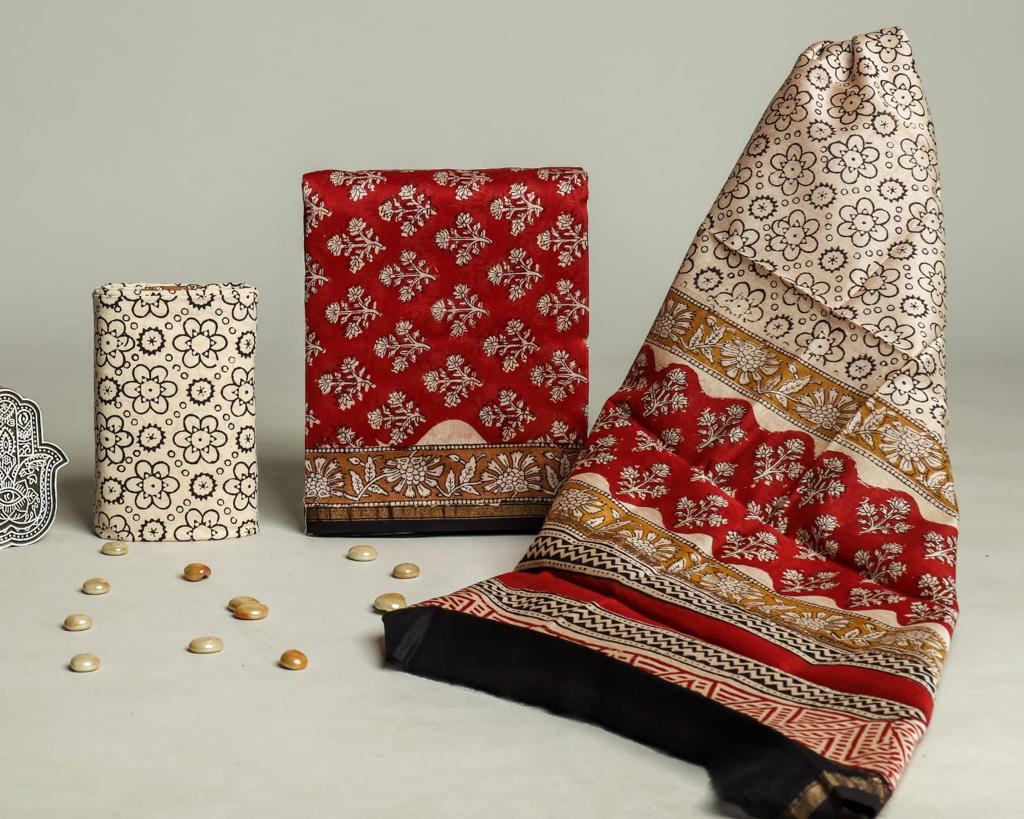 Pure Hand Block Chanderi Silk Unstitched Suit.