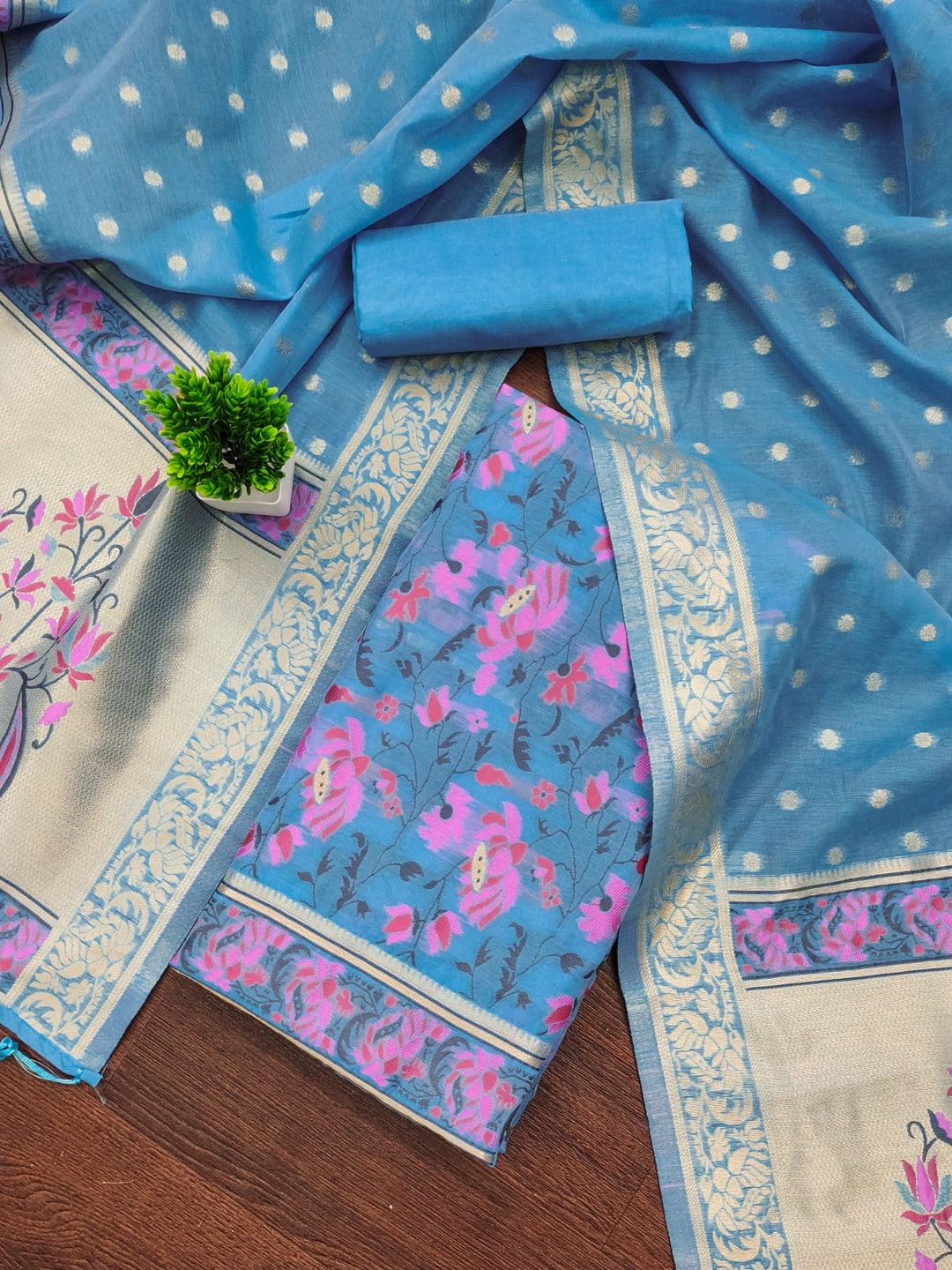 Pure Banarasi Cotton Jamdani Weaved Zari And Meenakari Work Unstitched Suit .