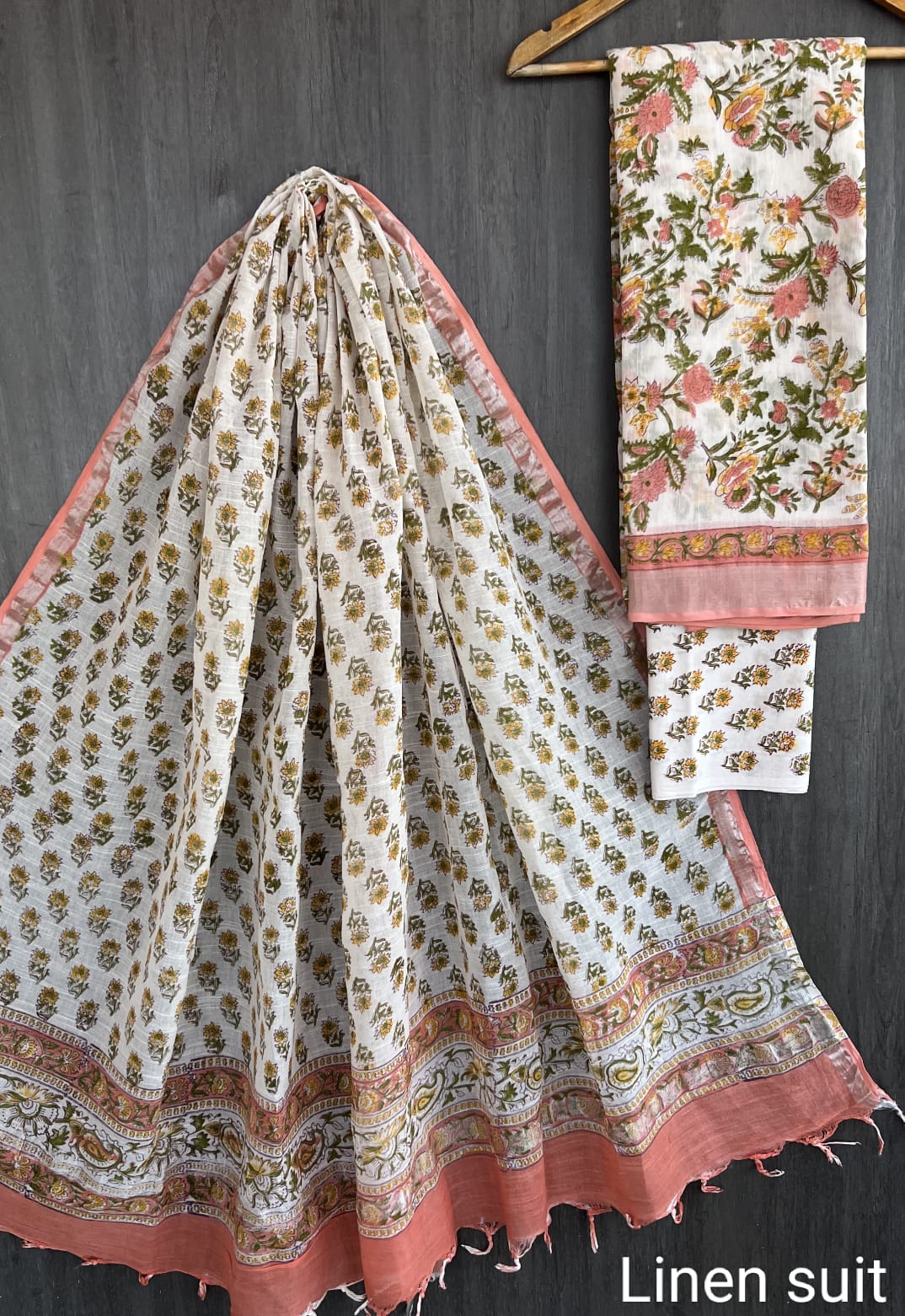 Hand Block Printed Linen Unstitched Suit .