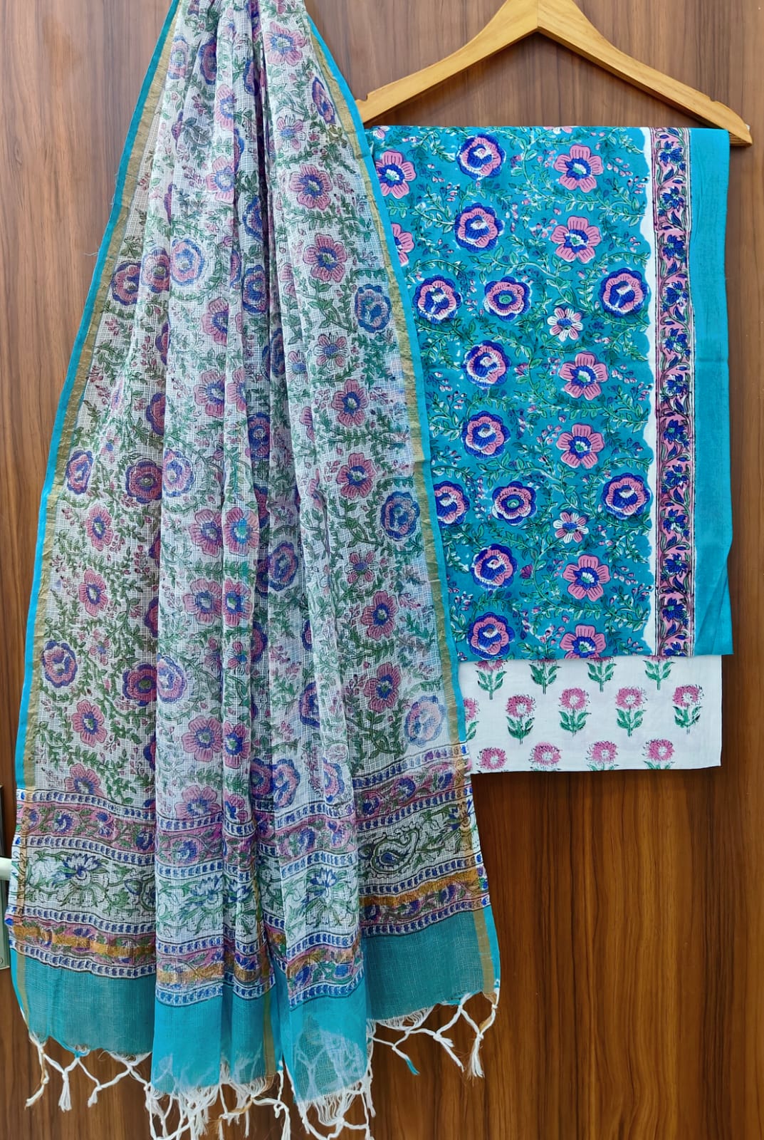 Pure Cotton Hand block print Unstitched Suit with Kota Dupatta .