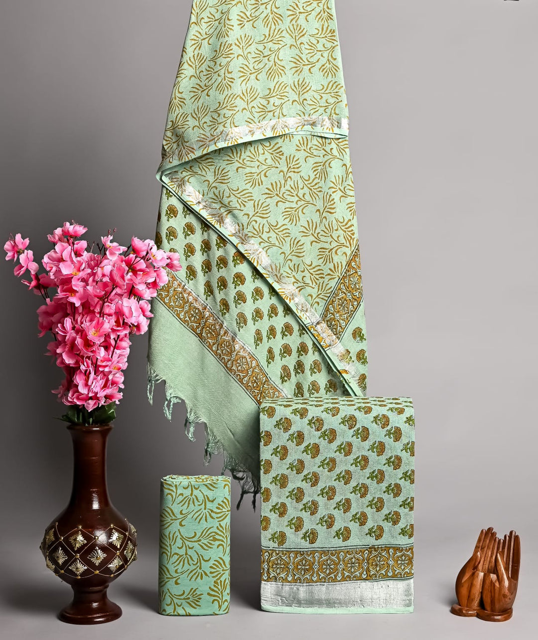 Hand Block Printed Linen Unstitched Suit .