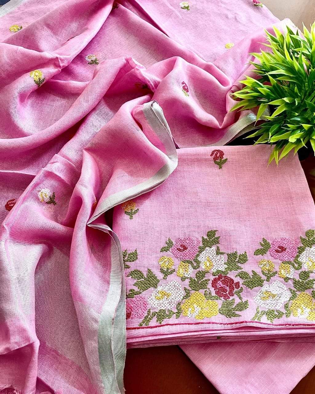 Bhagalpuri Linen By Linen Embroidery Unstitched suit.