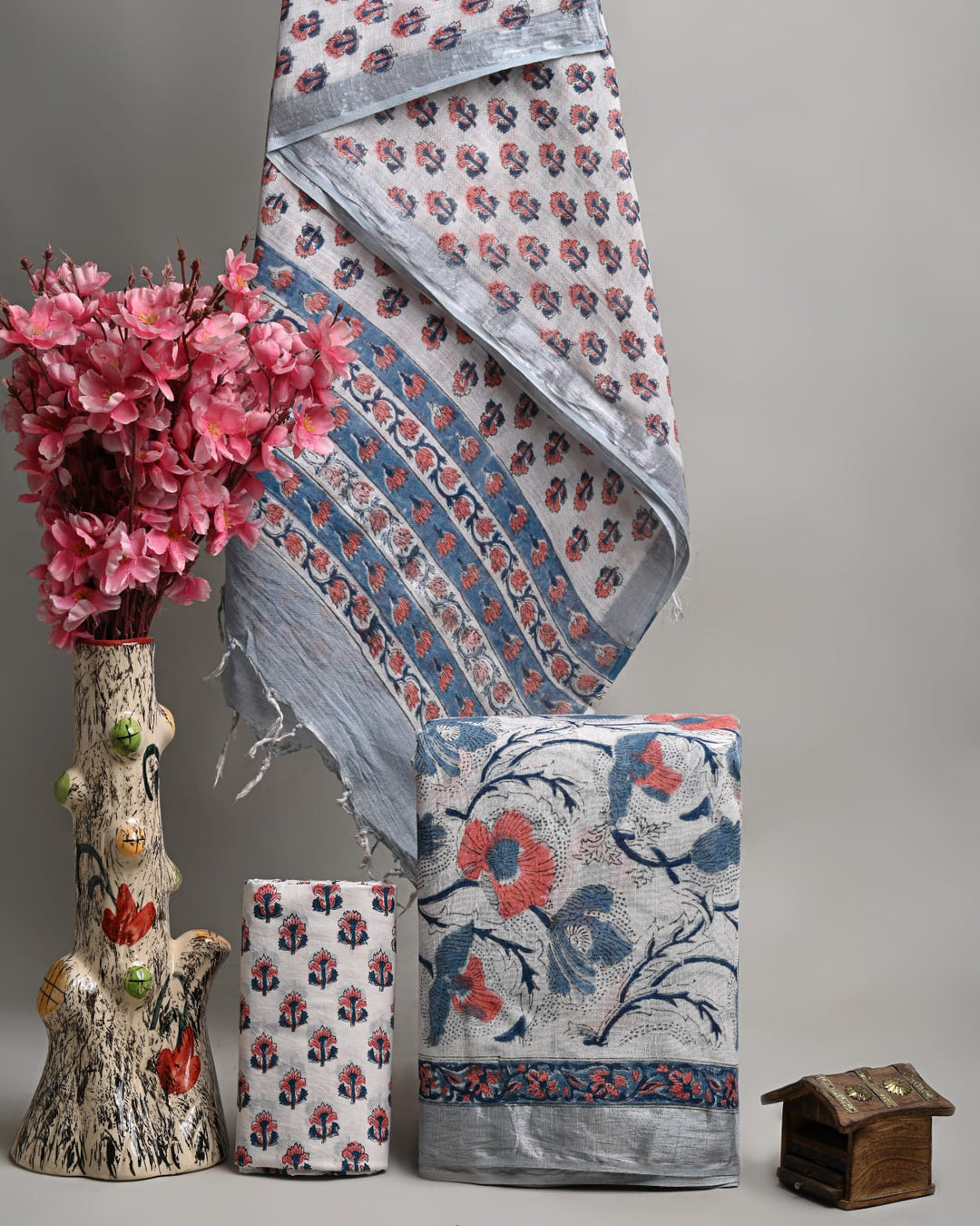 Hand Block Printed Linen Unstitched Suit .