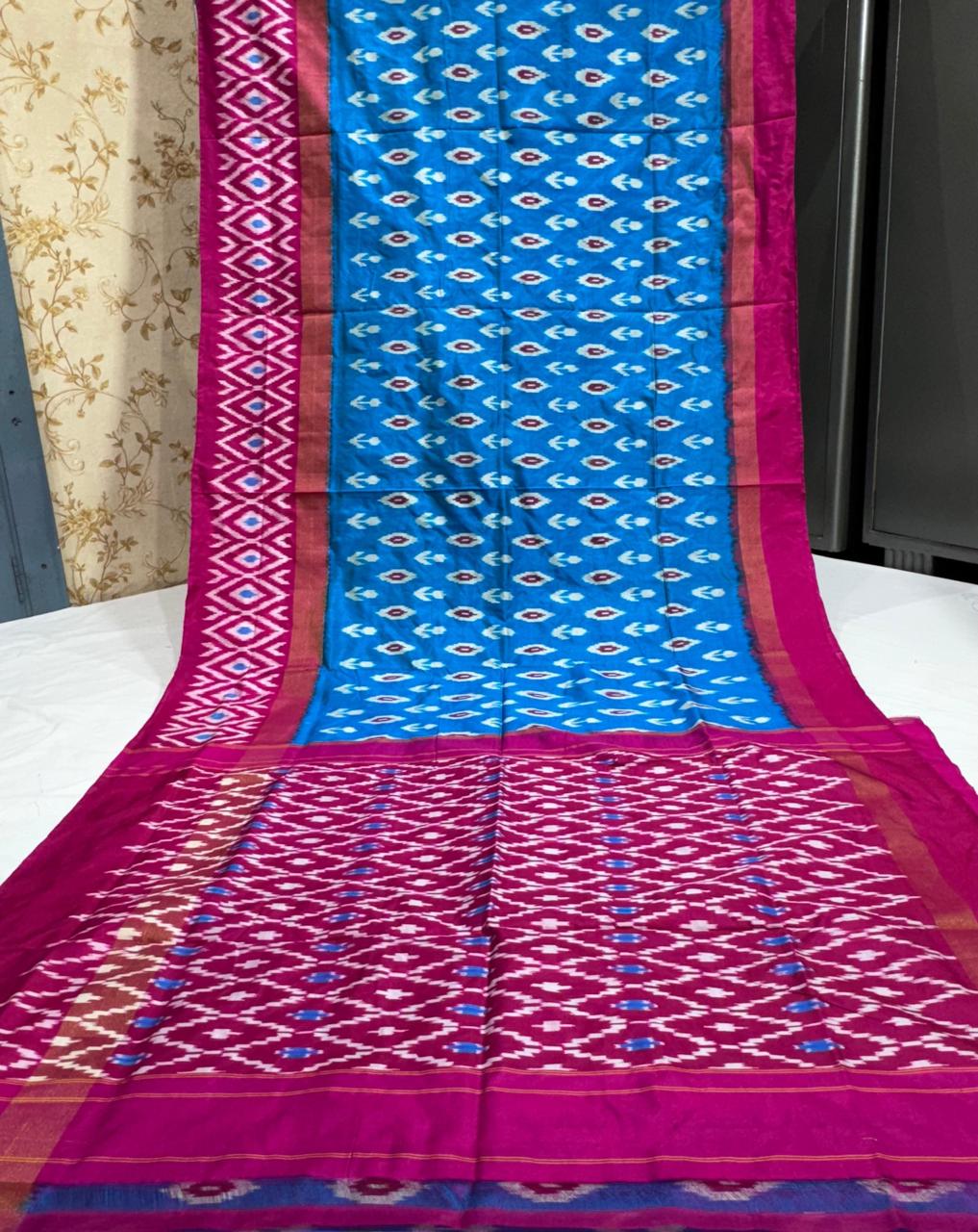 Pure Pochampally Ikkat Silk Saree With Blouse Pthani Pattern Border.