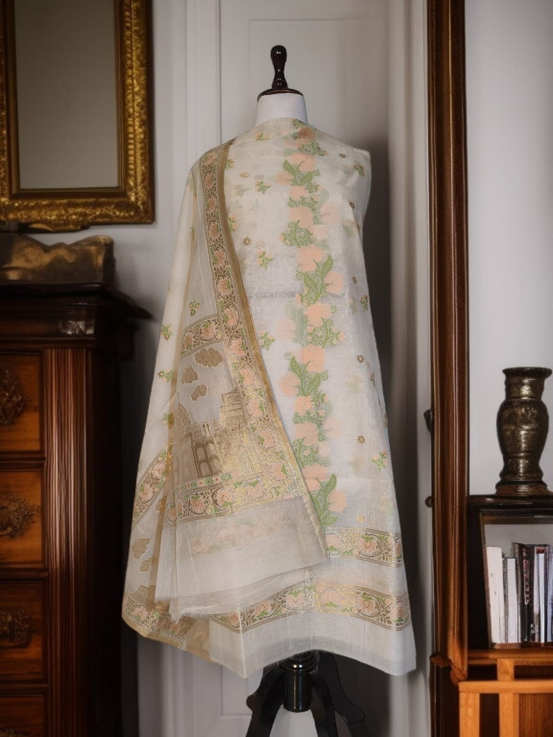 Pure Banarasi Chanderi Tilfi Work Unstitched Suit.