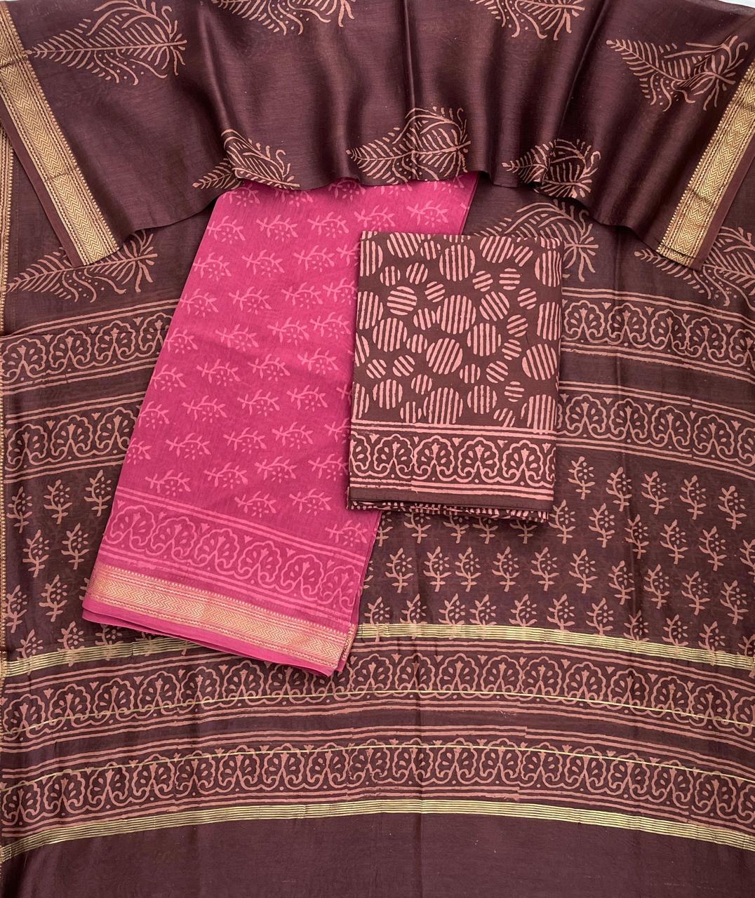 Pure Maheshwari Silk Hand block print Unstitched Suit.