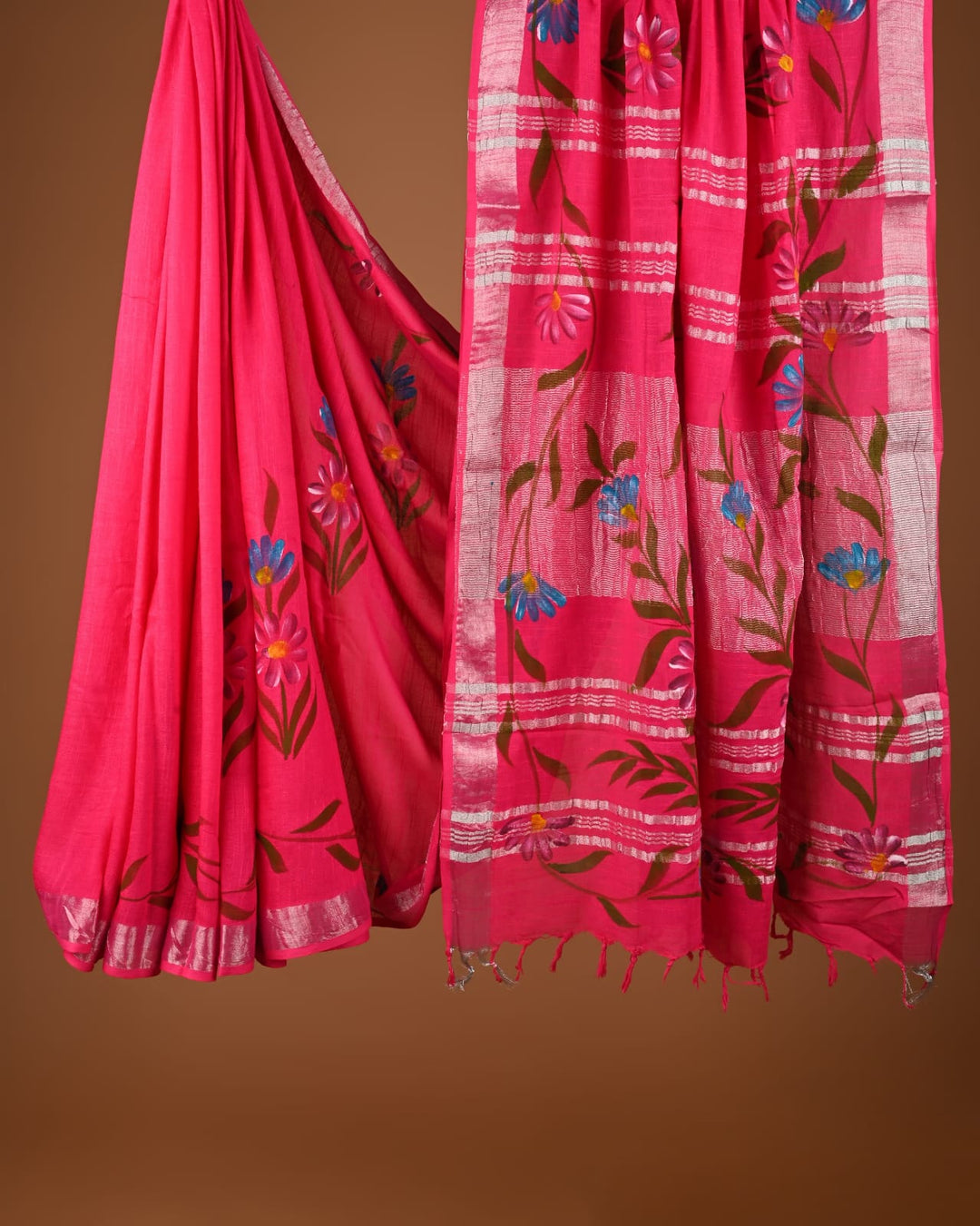 Hand Block Print Linen Saree with Blouse .
