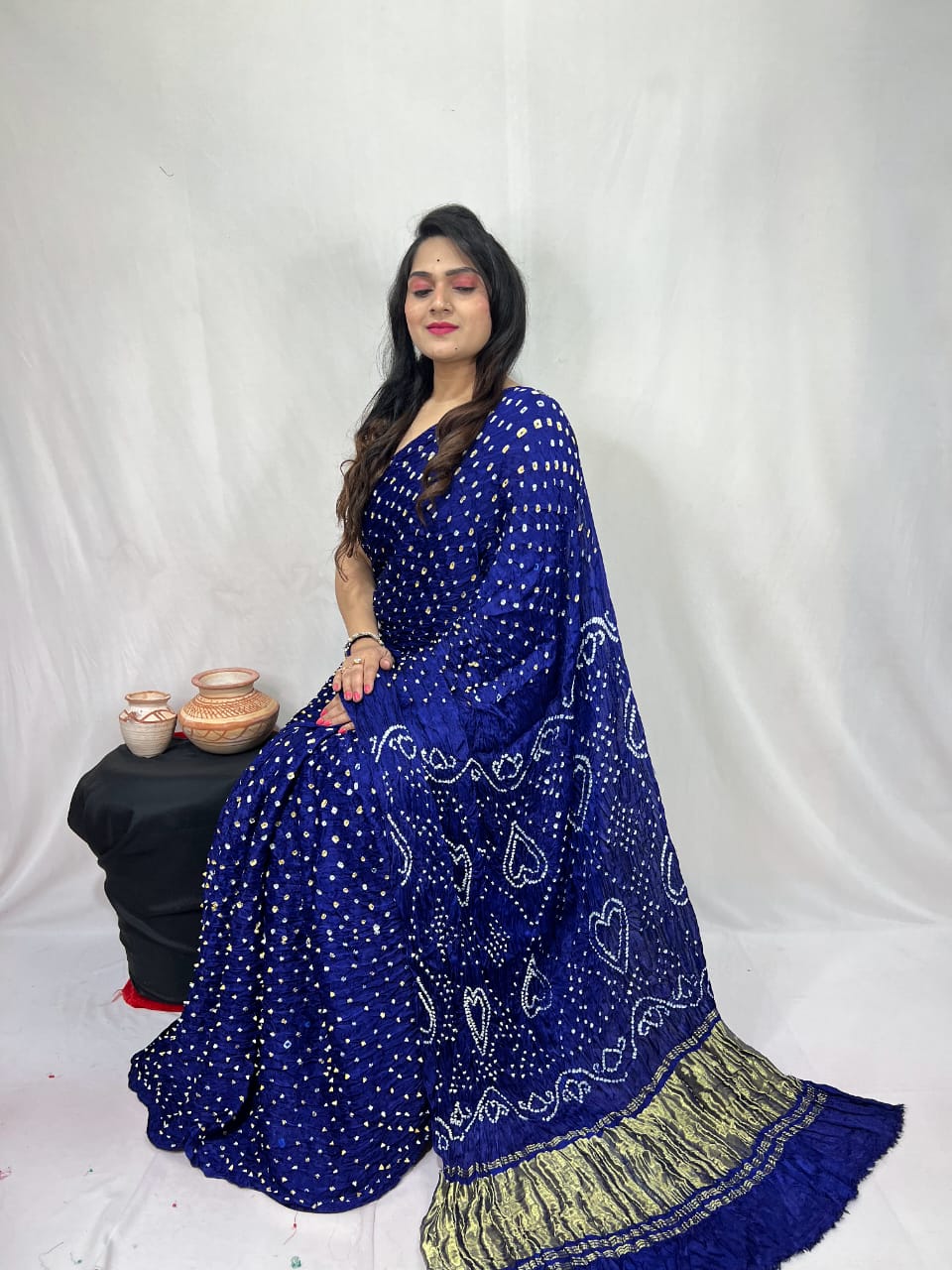 Pure Natural Dyeing Hand Block Bandhej Print Modal silk saree.