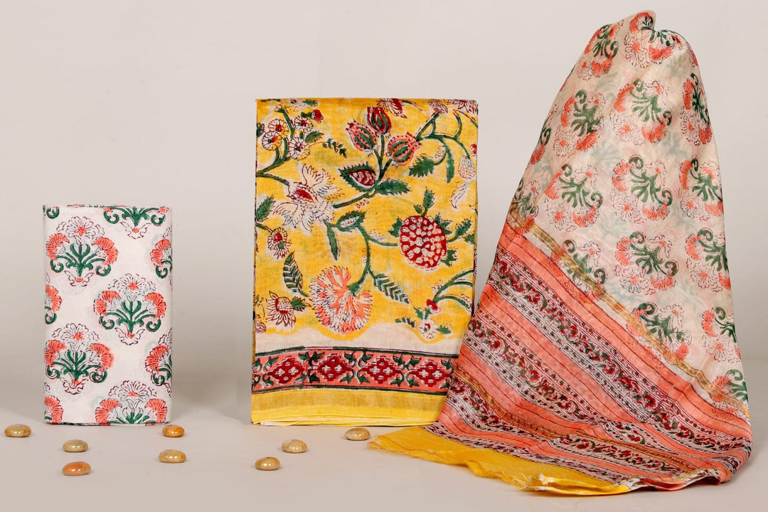 Pure Hand Block Chanderi Silk Unstitched Suit