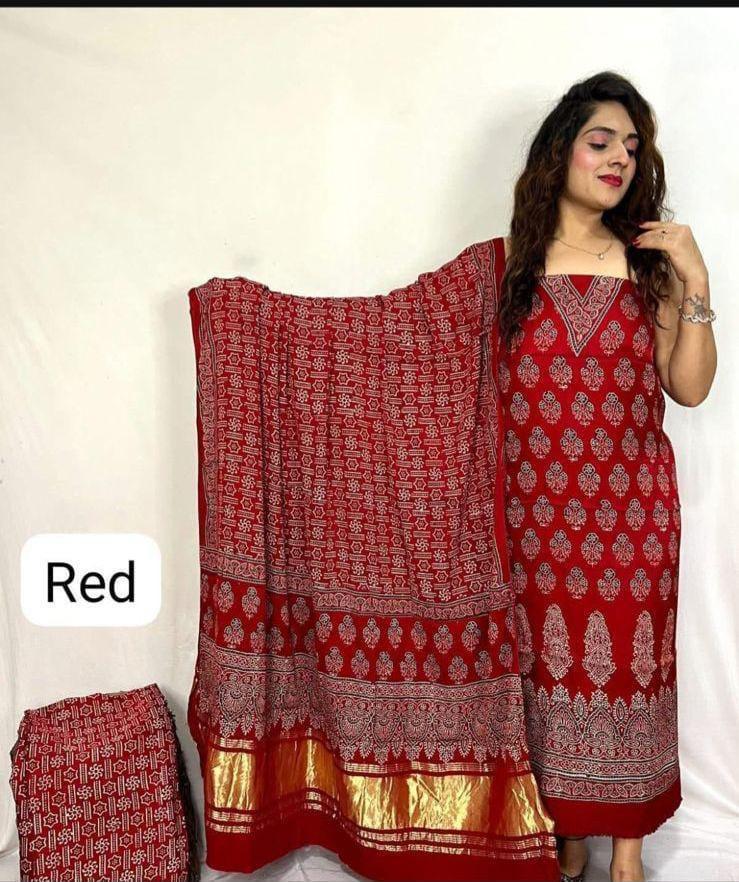 Pure Modal Silk Ajrakh Hend Block Zari Pallu Weaved 3pc Unstitched Suit .