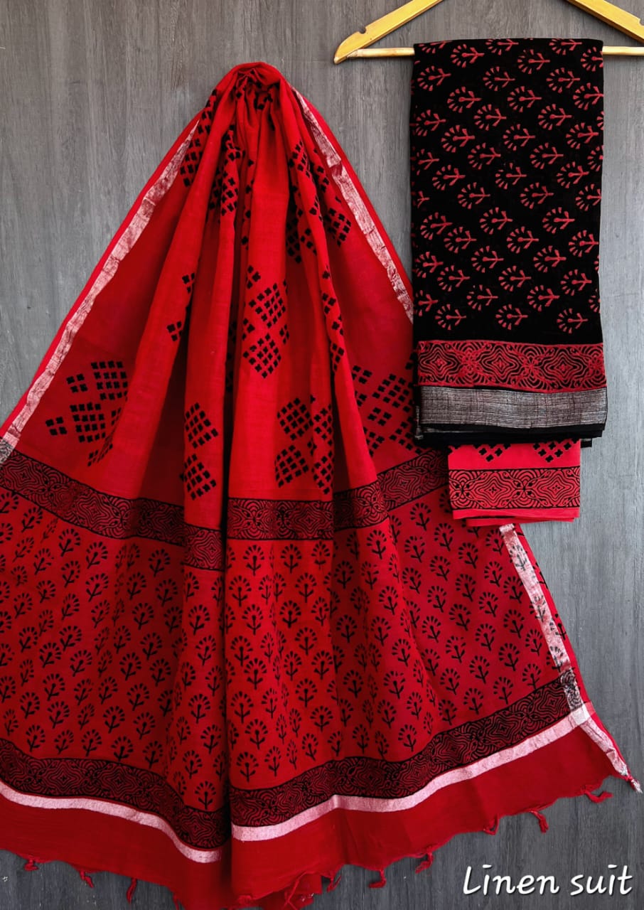 Hand Block Printed Linen Unstitched Suit .