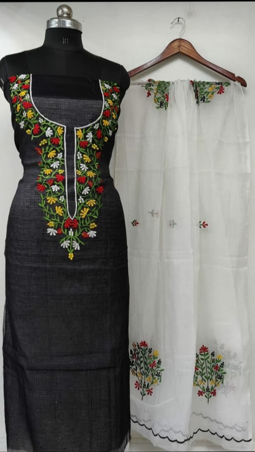 Kota Doriya Embroidery Unstitched Suit With Cut Work Dupatta