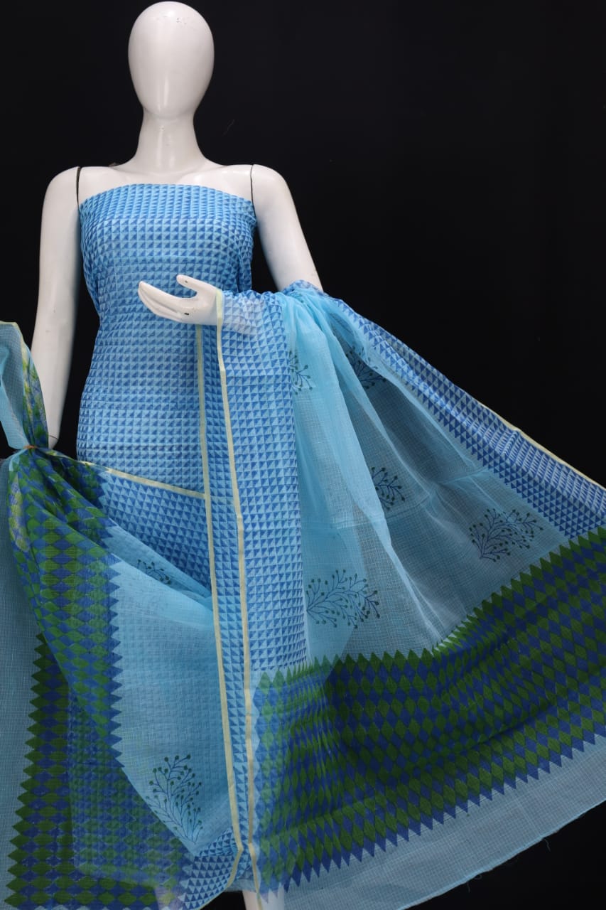 Kota Doriya Hand Block Print Unstitched Suit With Kota Doriya Dupatta