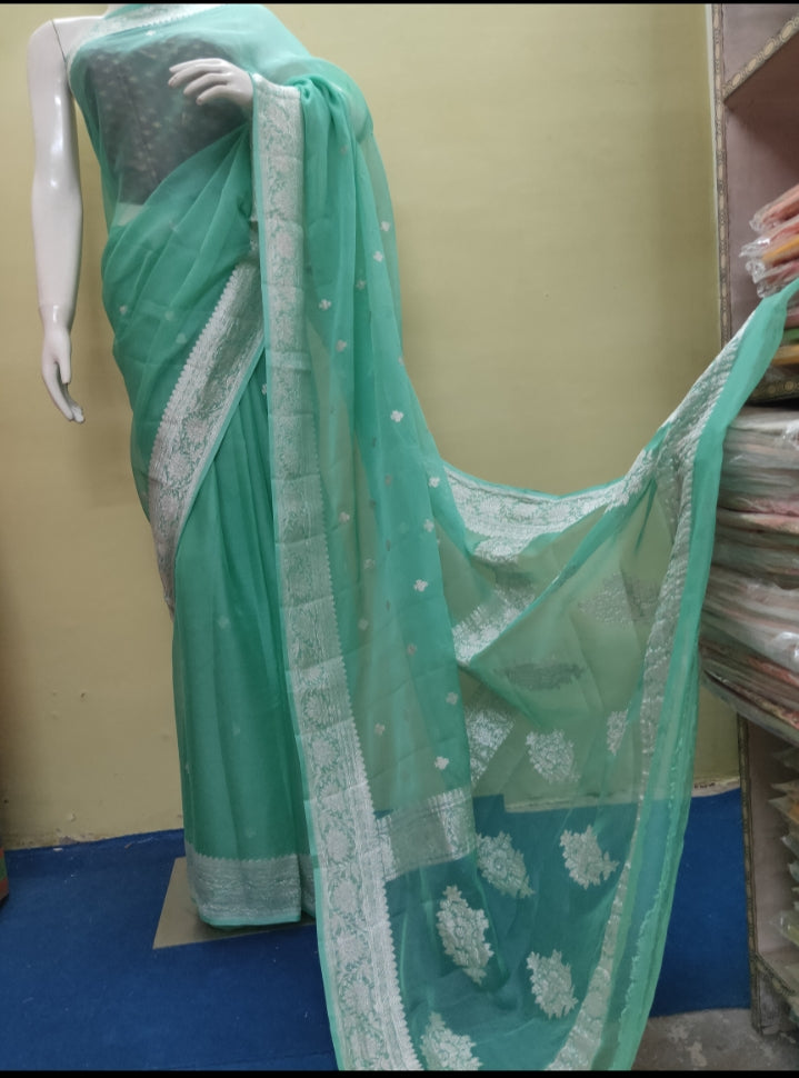 Pure Khaddi Chiffon Georgette Saree with Silver Zari Weaving blouse ( length- 6.3 meter )