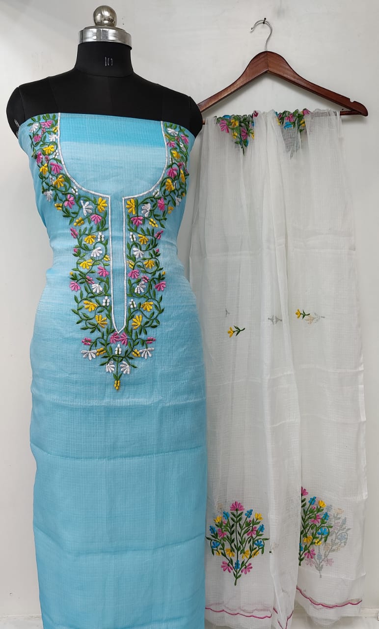 Kota Doriya Embroidery Unstitched Suit With Cut Work Dupatta