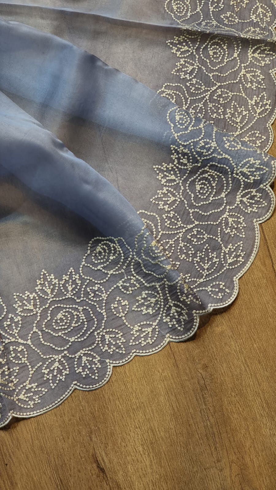 Pure Organza Silk Pearl Embroidery Cutwork Border Saree .