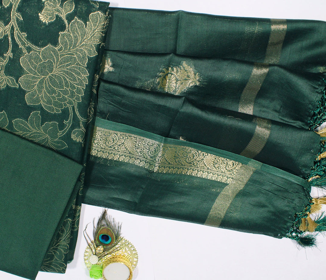 Pure Banarsi Silk Chanderi Light Zari Weaved Unstitched Suit With Banarsi Silk Buti Weaved Dupatta.