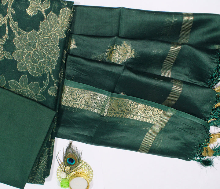 Pure Banarsi Silk Chanderi Light Zari Weaved Unstitched Suit With Banarsi Silk Buti Weaved Dupatta.